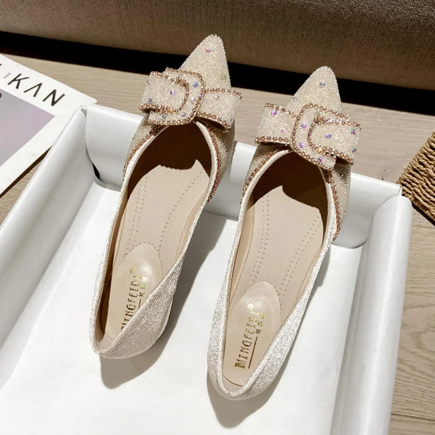 Women's Rhinestone Chunky Low Heel Pumps with Cute Bowknot Fashion Classic Glittering Pointed Toe Slip On Work Pumps Loafers Wedding Party Business Dress Shoes