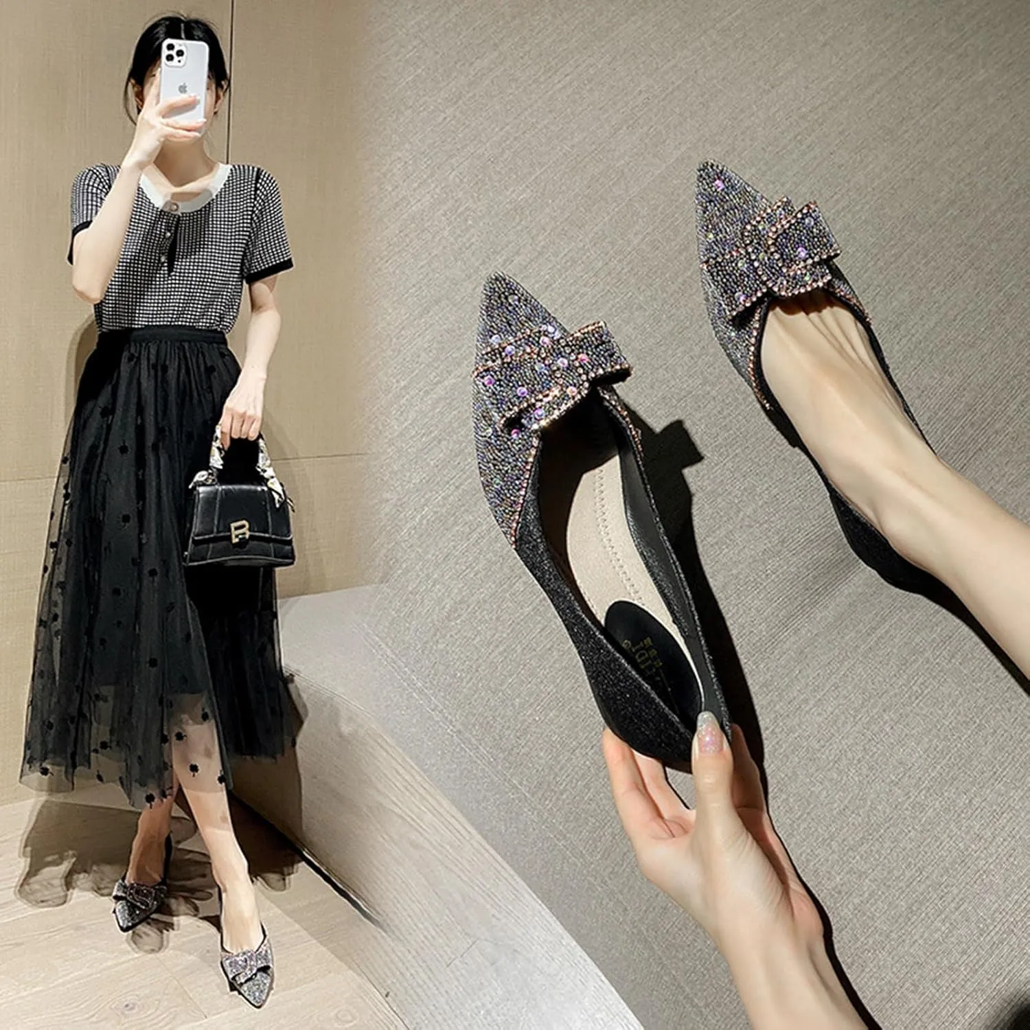 Women's Rhinestone Chunky Low Heel Pumps with Cute Bowknot Fashion Classic Glittering Pointed Toe Slip On Work Pumps Loafers Wedding Party Business Dress Shoes
