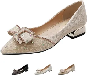 Women's Rhinestone Chunky Low Heel Pumps with Cute Bowknot Fashion Classic Glittering Pointed Toe Slip On Work Pumps Loafers Wedding Party Business Dress Shoes