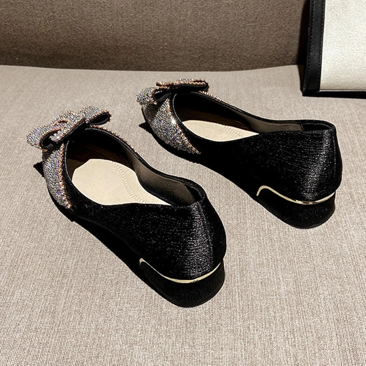 Women's Rhinestone Chunky Low Heel Pumps with Cute Bowknot Fashion Classic Glittering Pointed Toe Slip On Work Pumps Loafers Wedding Party Business Dress Shoes