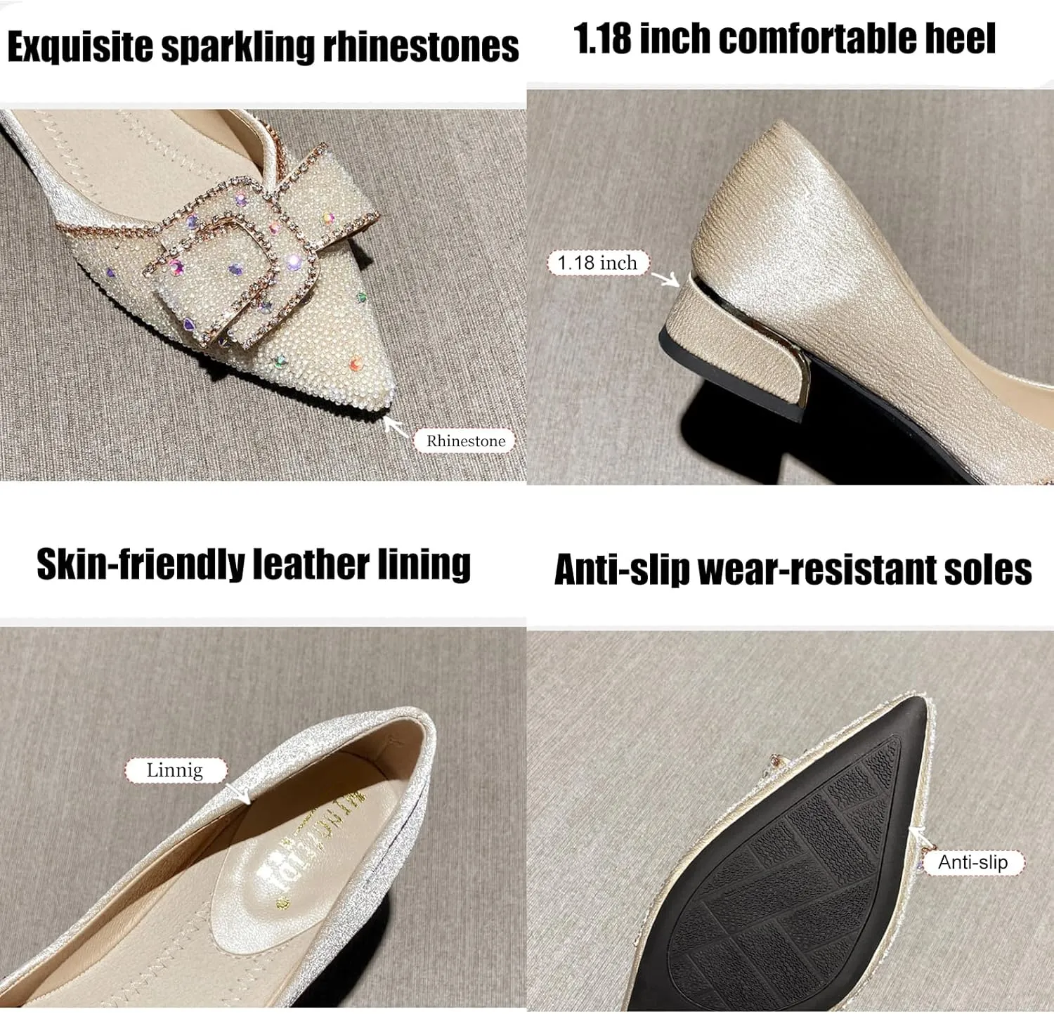 Women's Rhinestone Chunky Low Heel Pumps with Cute Bowknot Fashion Classic Glittering Pointed Toe Slip On Work Pumps Loafers Wedding Party Business Dress Shoes