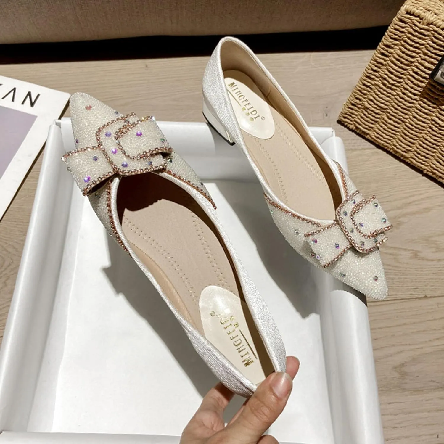 Women's Rhinestone Chunky Low Heel Pumps with Cute Bowknot Fashion Classic Glittering Pointed Toe Slip On Work Pumps Loafers Wedding Party Business Dress Shoes